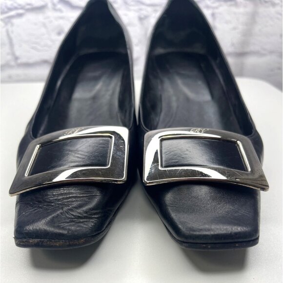 Roger Vivier Belle Vivier Buckle Pump Heels Leather  Black Block Heal Size 9.5 - Picture 11 of 12